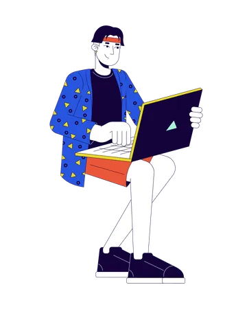 Korean Young Man Typing Laptop 2 D Linear Cartoon Character Asian Guy Sitting With Notebook Isolated Line Vector Person White Background Studying Working From Home Color Flat Spot Illustration Illustration