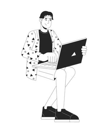 Korean Young Man Typing Laptop Black And White 2 D Line Cartoon Character Asian Guy Sitting With Notebook Isolated Vector Outline Person Studying Work From Home Monochromatic Flat Spot Illustration Illustration