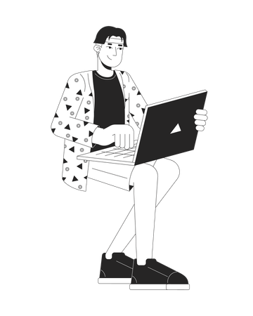 Korean young man typing laptop  Illustration