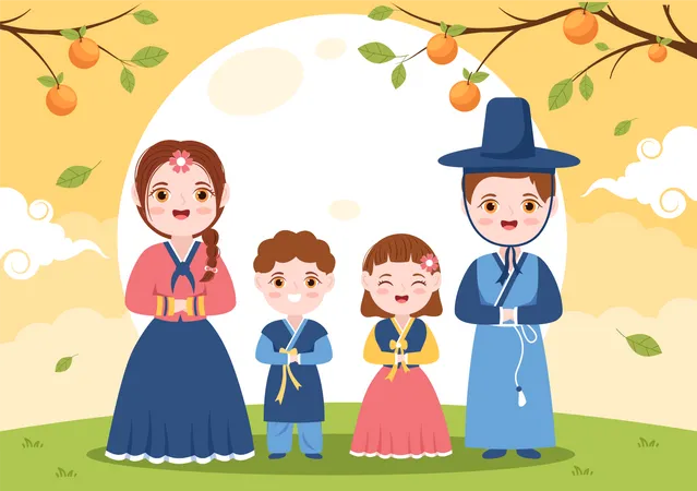 Koreanische Familie in traditioneller Kleidung am Chuseok-Tag  Illustration