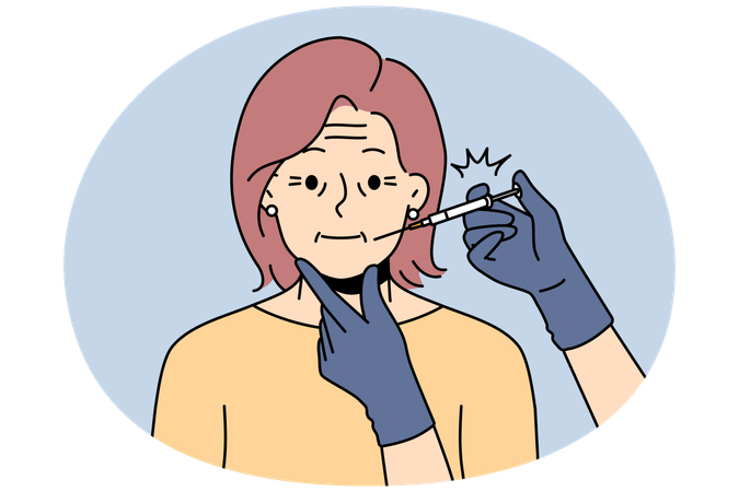 Kosmetikerin mit Spritze macht Gesichtsinjektion bei alter Frau  Illustration
