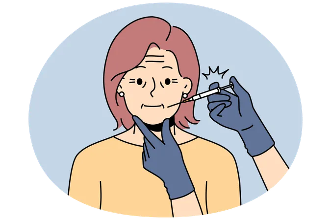 Kosmetikerin mit Spritze macht Gesichtsinjektion bei alter Frau  Illustration
