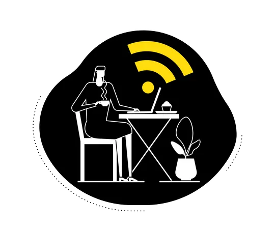 Kostenloses WLAN – Freiberuflerin sitzt in der Cafeteria und arbeitet an einem Laptop über die WLAN-Verbindung der Cafeteria  Illustration