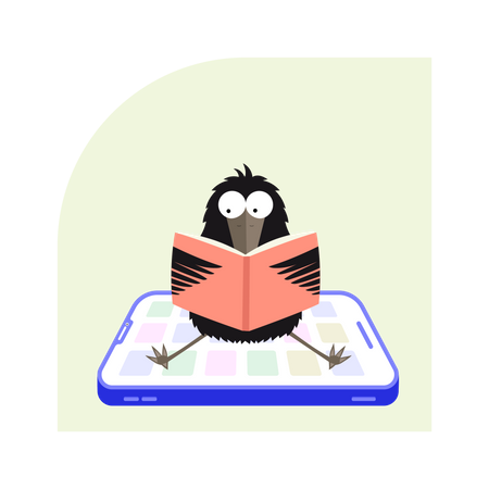 E-Book mit einer Krähe als Lesehilfe  Illustration