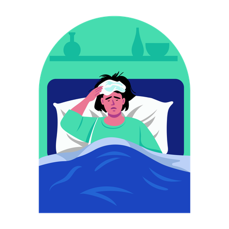 Kranke Frau liegt auf dem Bett  Illustration