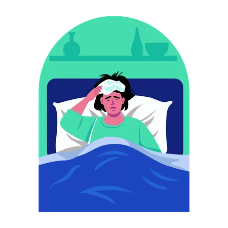 Kranke Frau liegt auf dem Bett  Illustration
