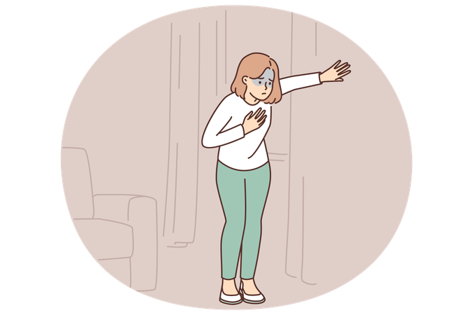 Kranke Frau mit Herz- oder Lungenproblemen steht in Wohnung und hält Brust  Illustration