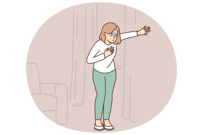 Kranke Frau mit Herz- oder Lungenproblemen steht in Wohnung und hält Brust  Illustration