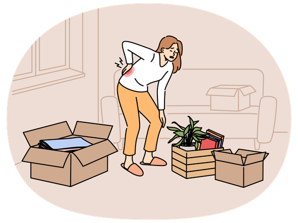 Kranke Frau zieht in neue Wohnung und leidet unter Rückenschmerzen  Illustration