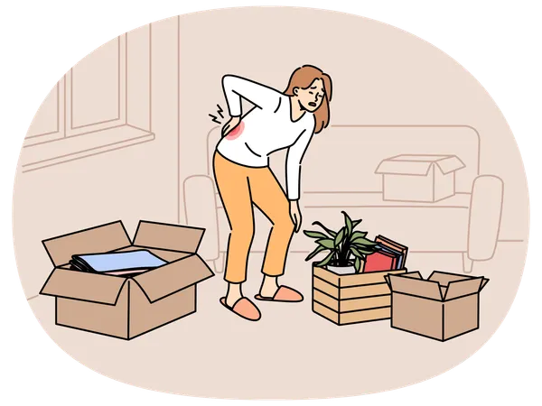 Kranke Frau zieht in neue Wohnung und leidet unter Rückenschmerzen  Illustration