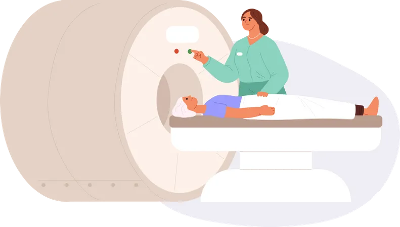 Krankenschwester bereitet Mann auf Magnetresonanztomographie vor. Arzt diagnostiziert Zustand des Patienten  Illustration