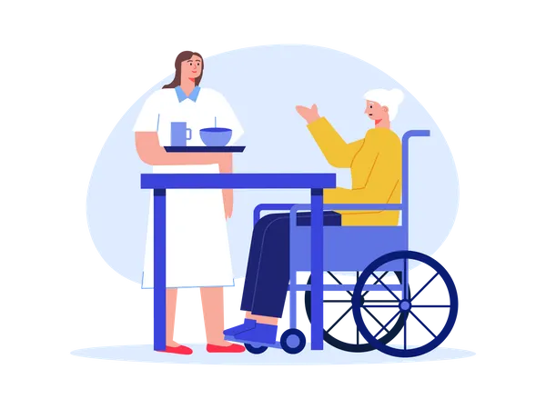 Krankenschwester gibt behinderter Frau Essen  Illustration