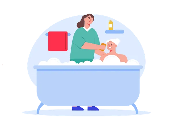 Krankenschwester hilft alter Frau beim Baden  Illustration