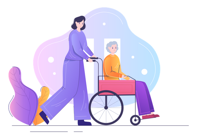 Krankenschwester hilft Patient im Rollstuhl  Illustration