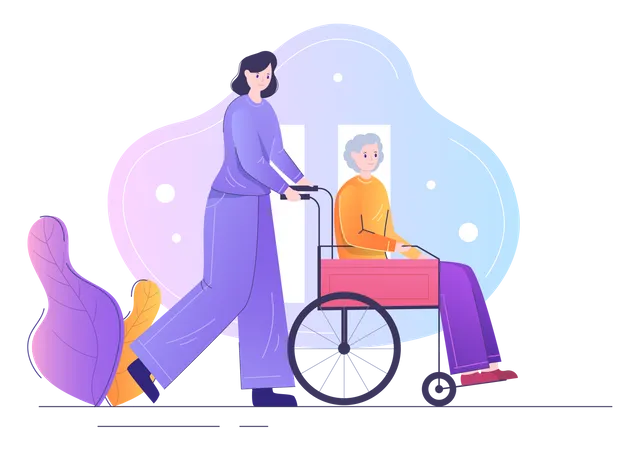 Krankenschwester hilft Patient im Rollstuhl  Illustration