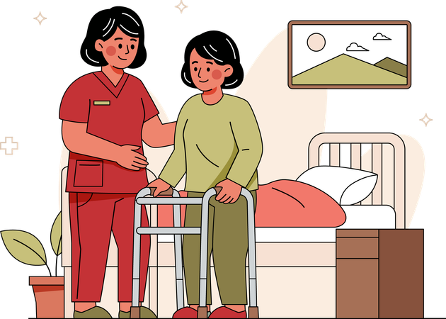 Krankenschwester hilft Patient beim Gehen  Illustration