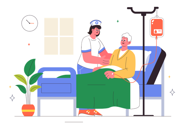 Krankenschwester kümmert sich um älteren Patienten  Illustration