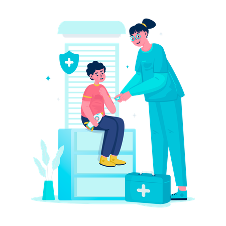 Krankenschwester legt Pflaster auf Wunde eines Jungen  Illustration