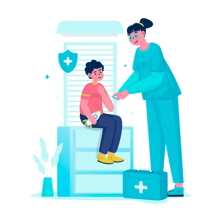 Krankenschwester legt Pflaster auf Wunde eines Jungen  Illustration