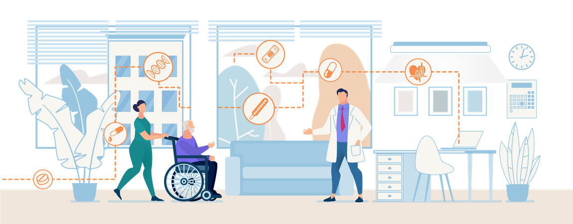 Krankenschwester in Uniform trägt einen alten Mann mit einem Patienten im Rollstuhl bei einer  Illustration