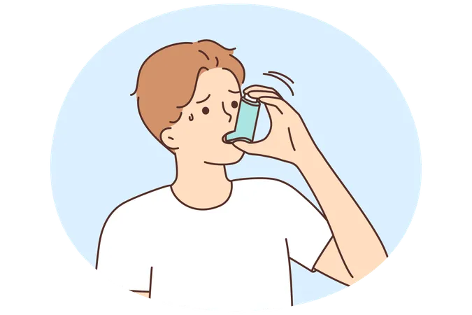 Kranker Mann leidet unter Asthma und benutzt Inhalator  Illustration