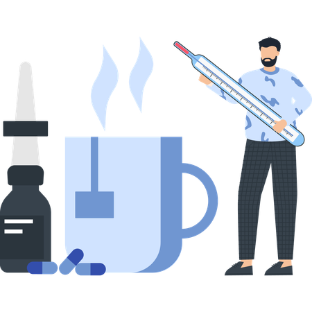 Kranker Mann steht mit Thermometer  Illustration