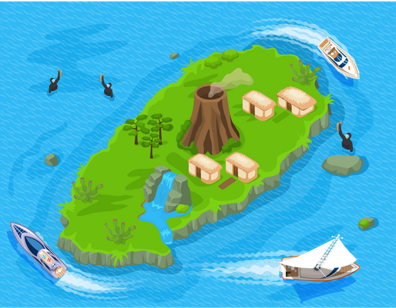 Kreuzfahrtyacht in der Nähe einer tropischen Insel  Illustration