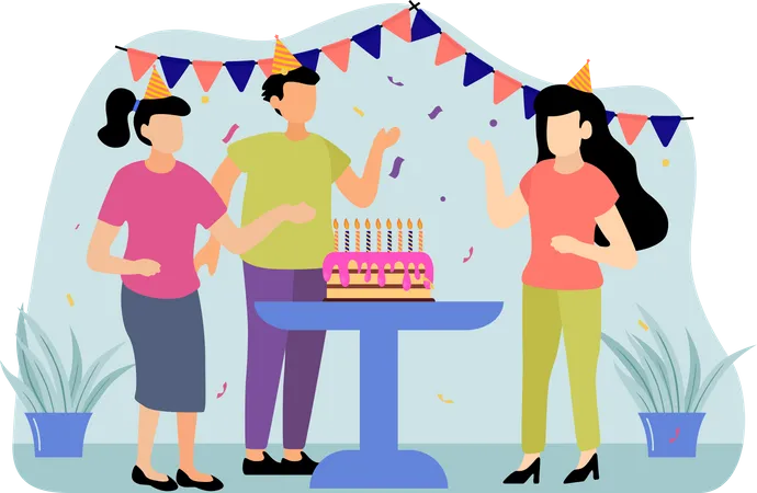 Anschneiden der Torte bei einer Geburtstagsfeier  Illustration