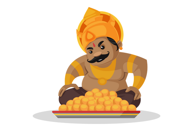 Kumbhkaran sentado con un plato de laddoos  Ilustración