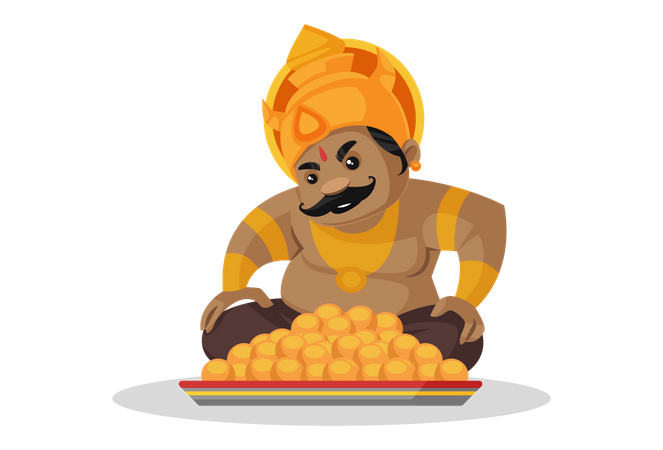 Kumbhkaran sitting with plate of laddoos  Illustration