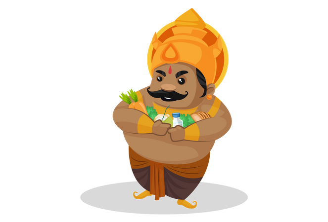 Kumbhkaran sosteniendo comida en sus brazos  Ilustración