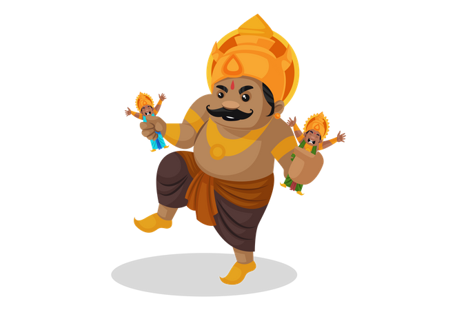 Kumbhkaran sosteniendo a hombres con ambas manos  Ilustración