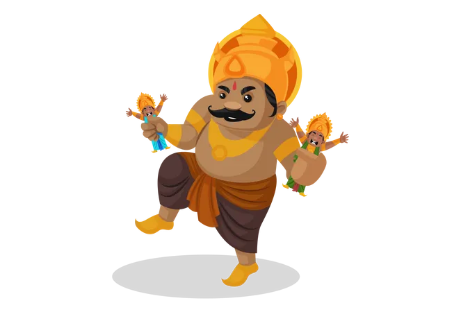 Kumbhkaran sosteniendo a hombres con ambas manos  Ilustración