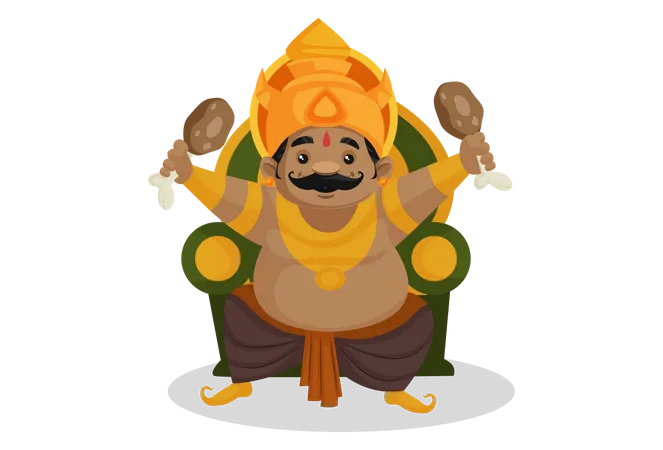 Kumbhkaran sosteniendo un trozo de pierna de pollo mientras está sentado en el trono  Ilustración