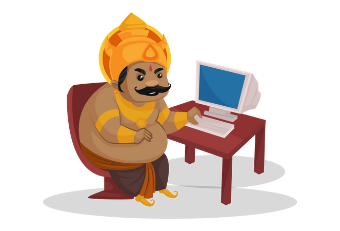 Kumbhkaran usando la computadora  Ilustración