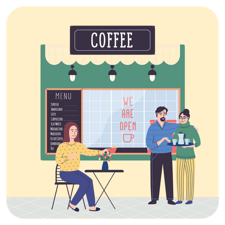 Kunde im Gespräch mit Kellnerin im Café  Illustration