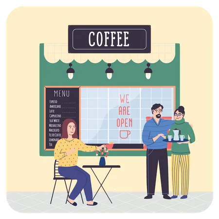 Kunde im Gespräch mit Kellnerin im Café  Illustration