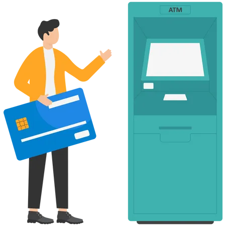 Kunde steht neben einem Geldautomaten und hält eine Kreditkarte in der Hand  Illustration