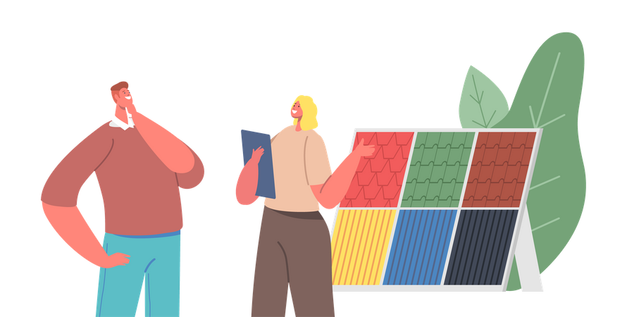 Kunde wählt Dachziegel für Dachdesign Kommunizieren Sie mit Verkäuferin  Illustration