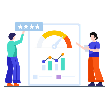 Kunden geben Bewertungen ab und Mitarbeiter führen Analysen durch  Illustration