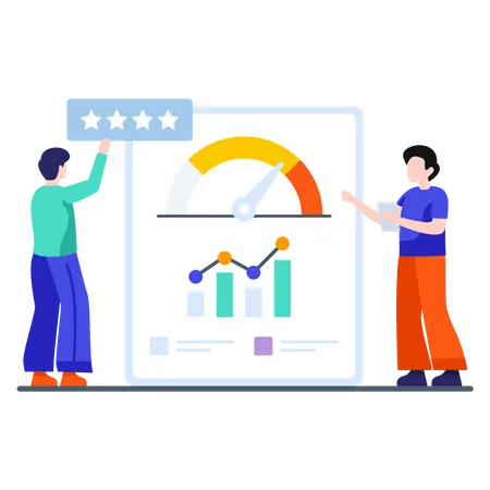 Kunden geben Bewertungen ab und Mitarbeiter führen Analysen durch  Illustration