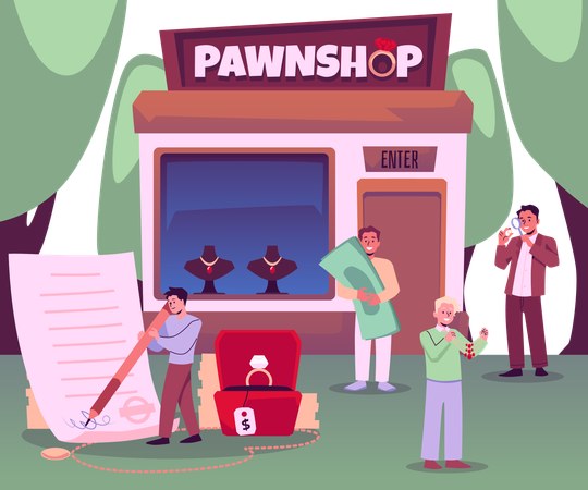 Kunden kaufen oder verkaufen gebrauchten Schmuck und erhalten Bargeld  Illustration