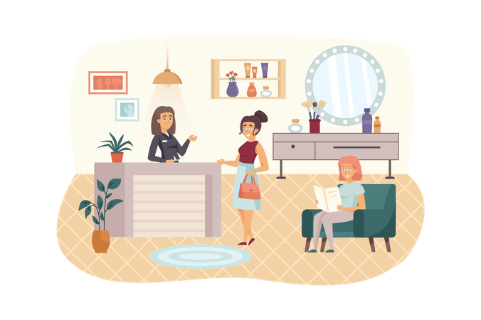 Kundin vereinbart an der Rezeption einen Termin bei der Kosmetikerin oder dem Friseur  Illustration