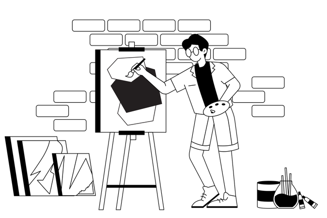 Künstler malt auf Leinwand in einem Raum  Illustration