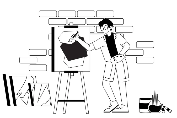 Künstler malt auf Leinwand in einem Raum  Illustration