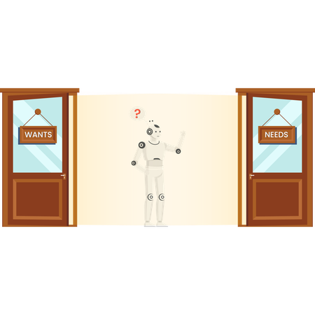 Künstliche Intelligenz Roboter eine Wahl zwischen Wünschen und Bedürfnissen Türen, ein Konzept der Dilemma, Entscheidungsfindung und Verbraucherpsychologie  Illustration