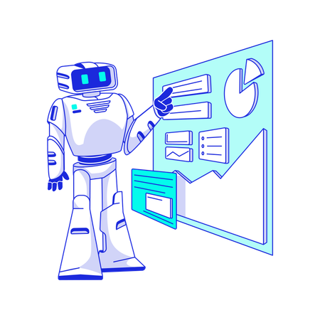 Künstlicher Intelligenzroboter leitet Präsentation und Analyse  Illustration