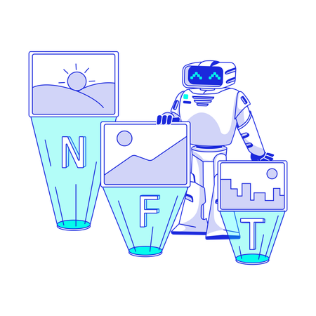 Künstliche Intelligenz-Roboter wählt NFT-Bild aus  Illustration