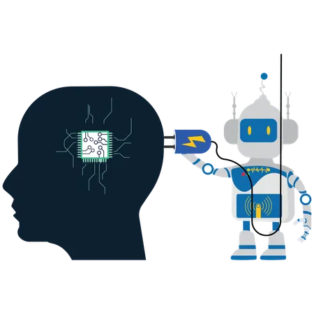 Künstliche Intelligenz, Stecken Sie den Stecker in den Roboterkopf, Geschäftsmann  Illustration