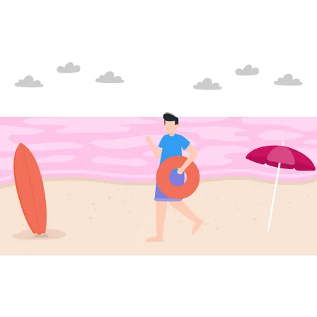 Der Junge Steht Mit Einem Gummischlauch Am Strand Illustration